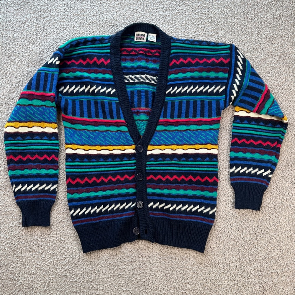Vintage 90s Patterned Knit Cardigan Colorful Geometric Grandpa Coogi Sweater L